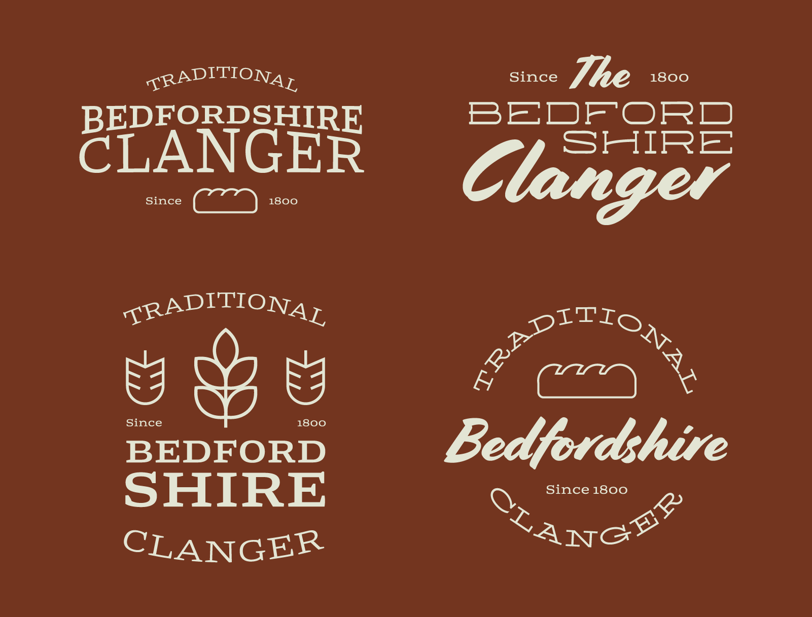 alt: Four variations of a logo for a Bedfordshire Clanger. The logos all have a variation of the same phrase - Traditional Bedfordshire Clanger, Since 1800.
