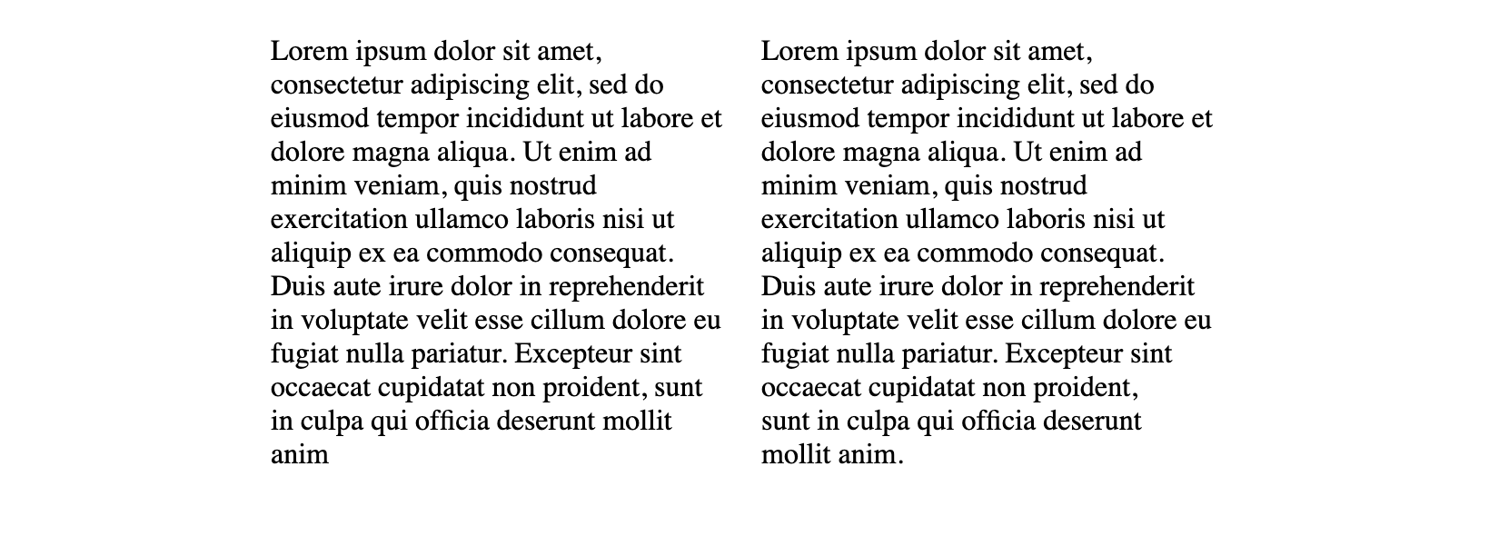 alt: A comparison of paragraphs of text. One has text-wrap pretty applied to it and one does not. The one with text-wrap pretty has two words on the last line and the one without only has one word on the last line, an orphan.