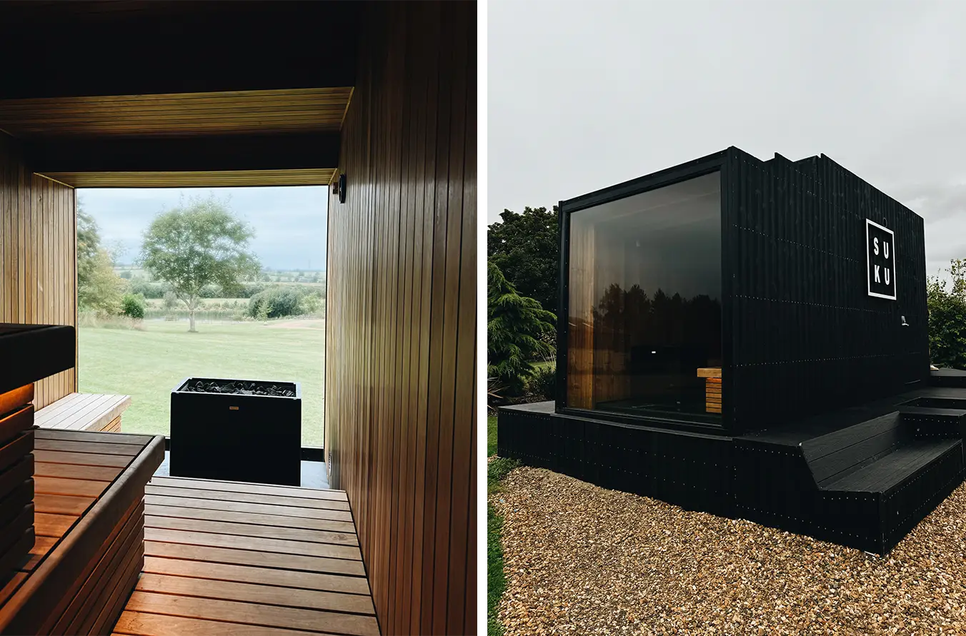 alt: Suku Saunas, an outdoor sauna cabin in the English Countryside