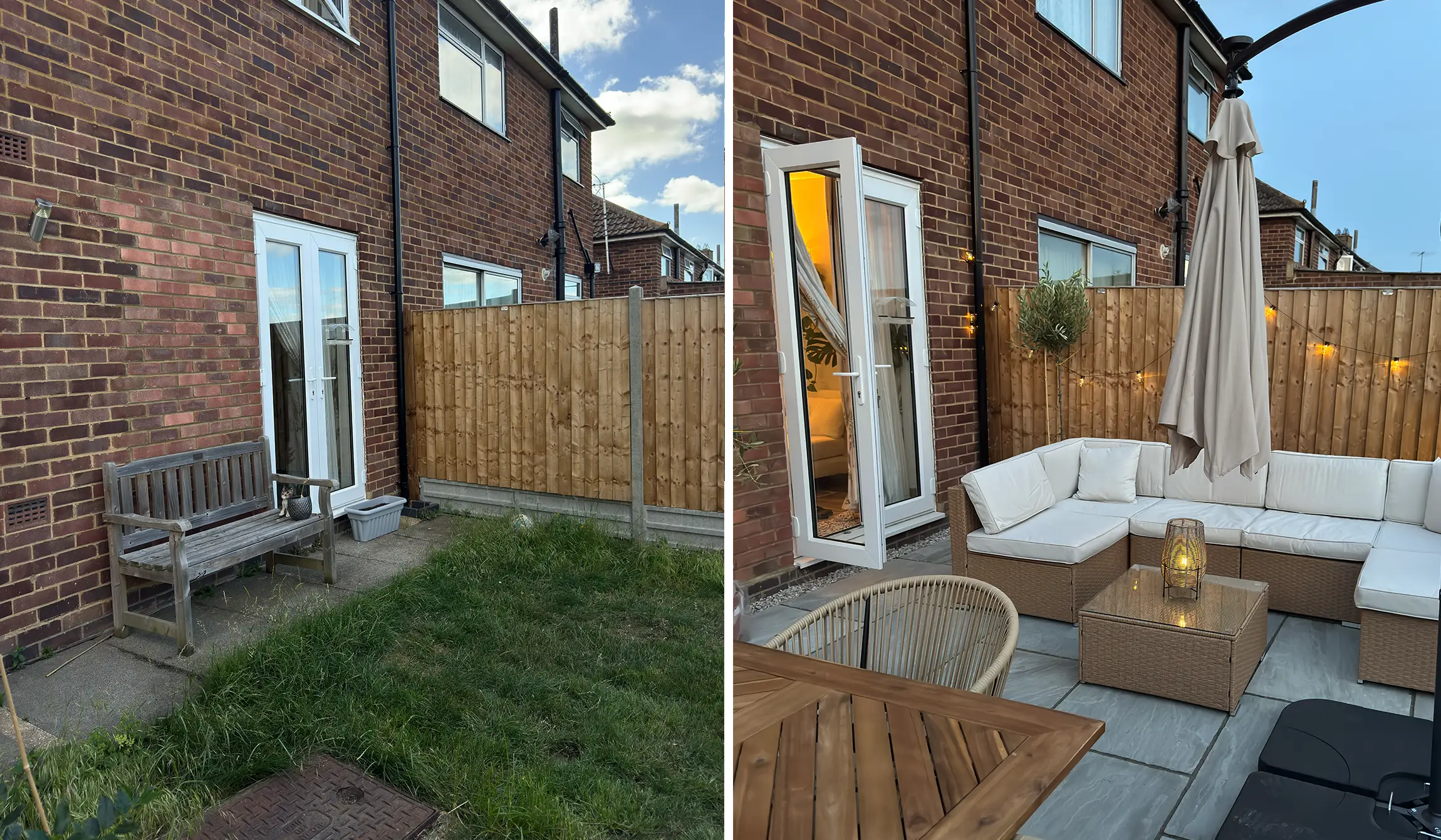 alt: Before and after shots of the patio space which was previously mainly grass